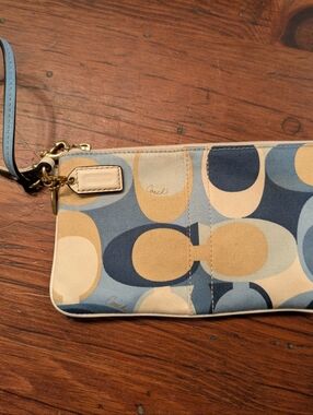 Coach Blue and Tan Signature Canvas Wristlet